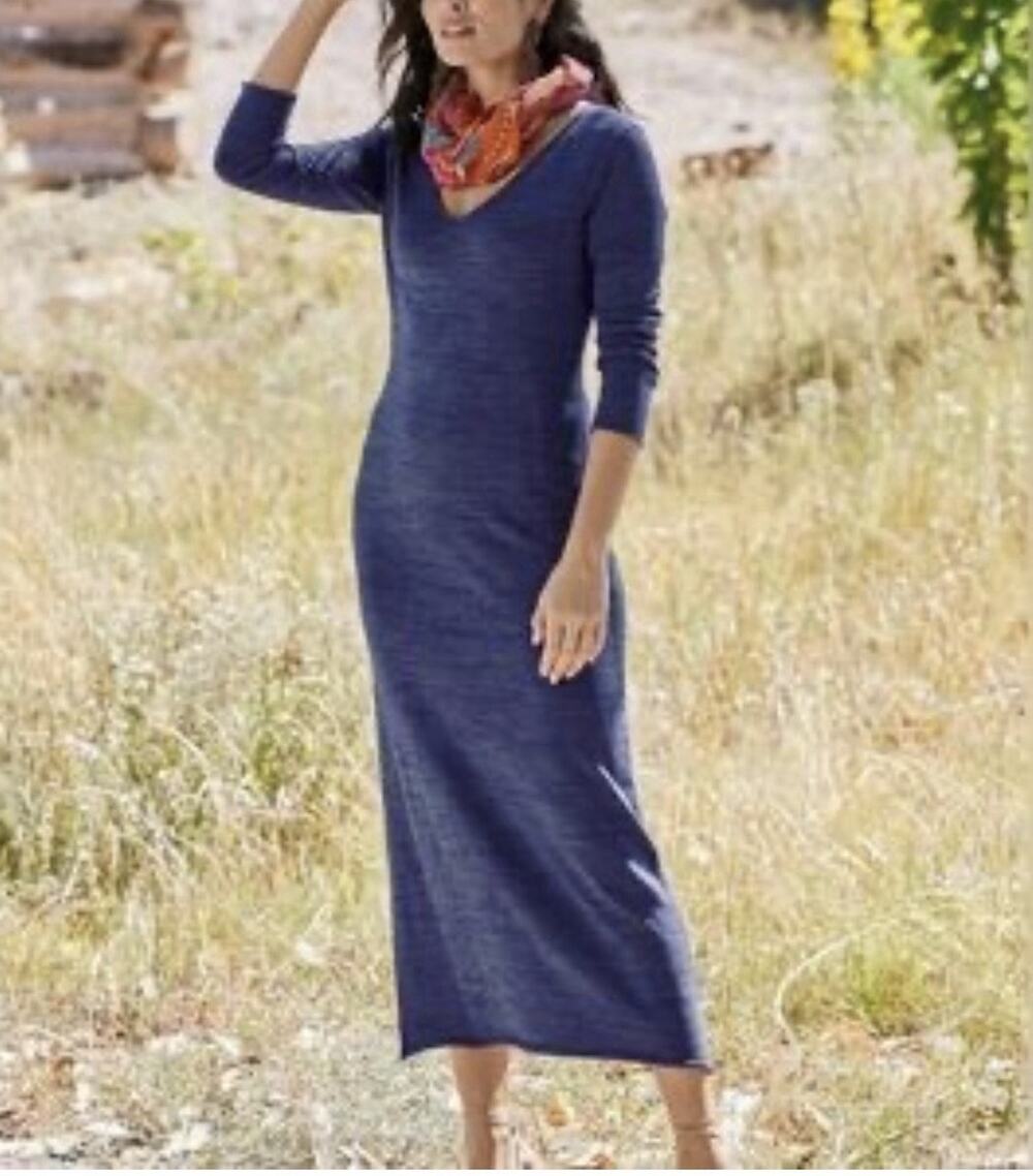 Peruvian Connection Maxi Dress Women Large Blue 100% Pima Cotton V-Neck 3/4 Slee